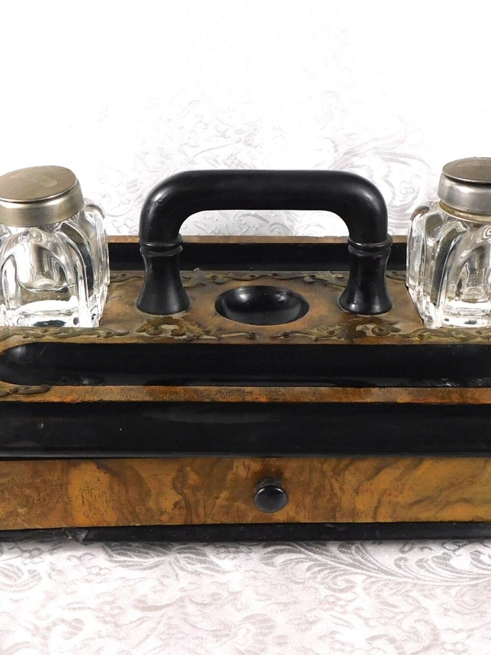 Wooden Desk Organizer with Drawer and Two Crystal Inkwells # 27294